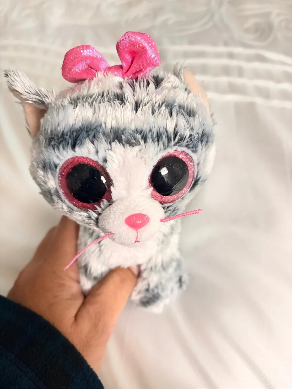 Ty Grey & White Plush Kitty with Pink Bow and Accents